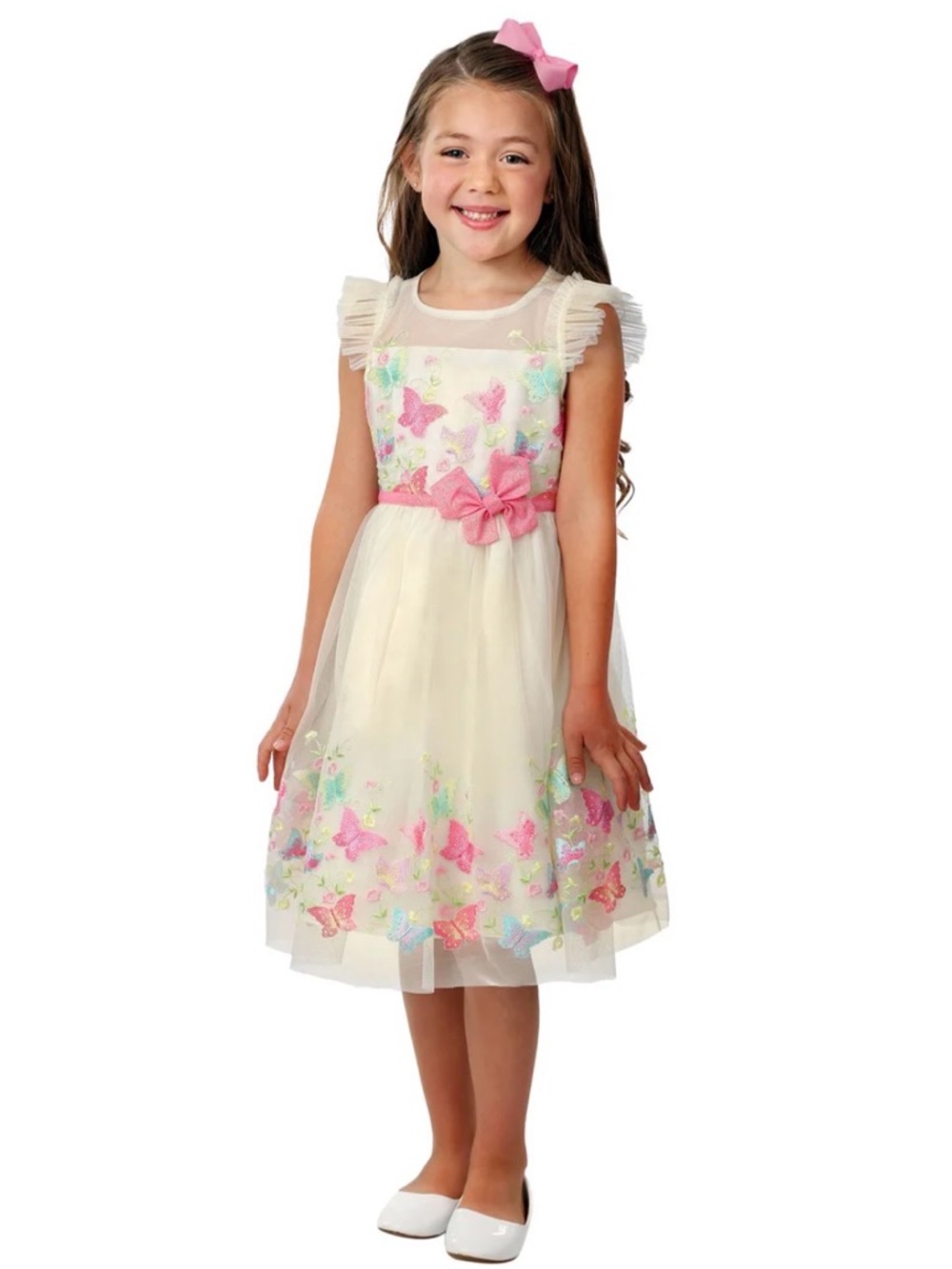 Jona Michelle Girls 3T Butterfly Tulle Dress Ivory Pink Bow Party Formal NWT